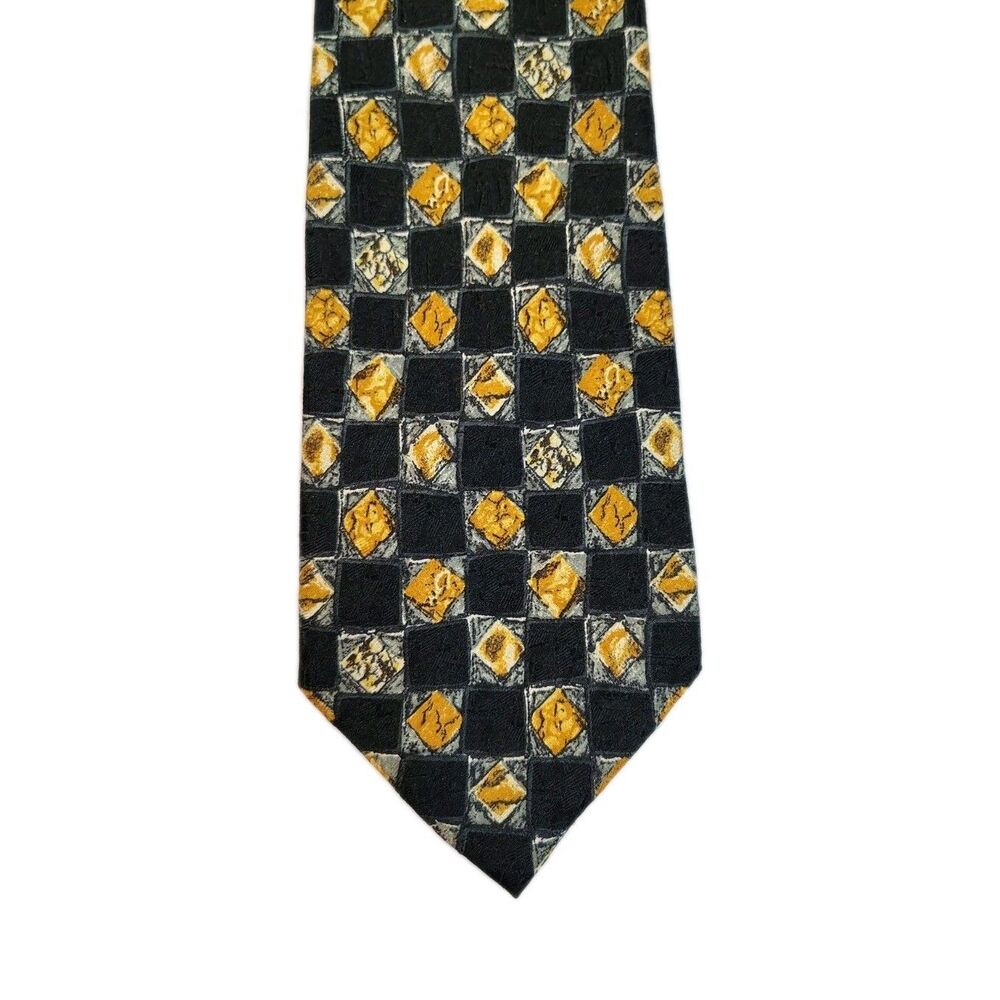 Bolgheri Silk Tie Checkered Gold Cream Squares on Black made in Italy
